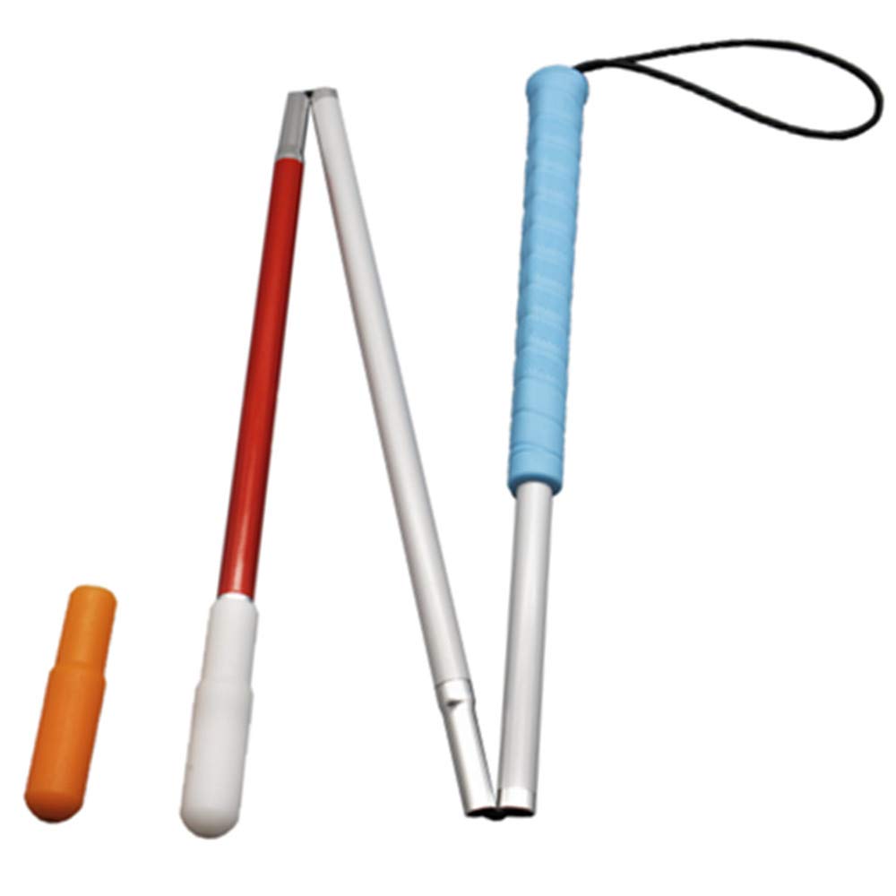 70cm White Cane, Aluminum Folding Cane for The Blind,Folds Down 3 Sections, with 2 Tips (Blue Handle)