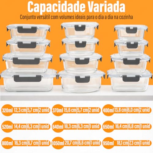 Kit 12 Potes Herméticos Yab Vidro Borossilicato com Tampa Hermética Quadrado Redondo e Retangular Tamanhos Pequeno Médio e Grande Alta Durabilidade e Resistência Térmica para Alimentos