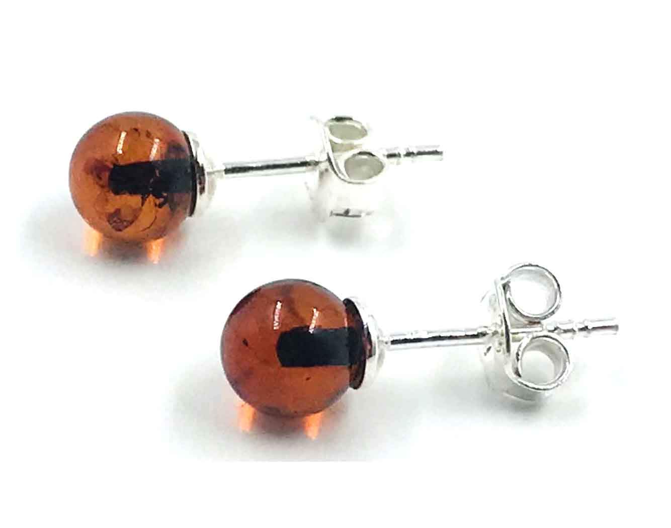 Natural Baltic Amber Sterling Silver Small Ball Stud Earrings ( Brown color)