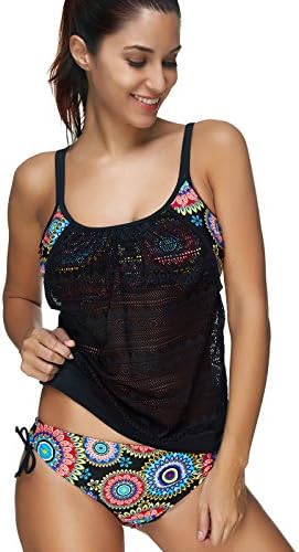 MyTeng Women's Strips Sports Double Up Tankini Top Sets Swimwear (US 10—12 (2XL), Flower-1)