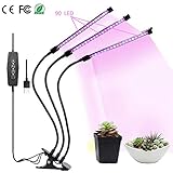 Grow Light, Grow Lamps for Indoor Plants, 27W 3-Head 90 LED Growing Chips with Auto ON & Off Timer, Adjustable 360 Degree Gooseneck, 5 Dimmable Levels, 3/9/12H Timer (Red/Blue Spectrum)