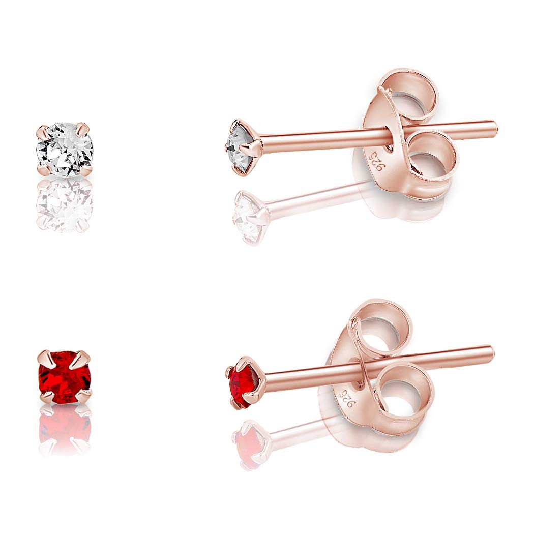 DTPSilver - Set of 2 PAIRS of 925 Sterling Silver Rose Gold plated Round TINY Stud Earrings made with Glittering Crystals from Swarovski® Elements - Diameter: 2 mm - Colour : Red Light Siam