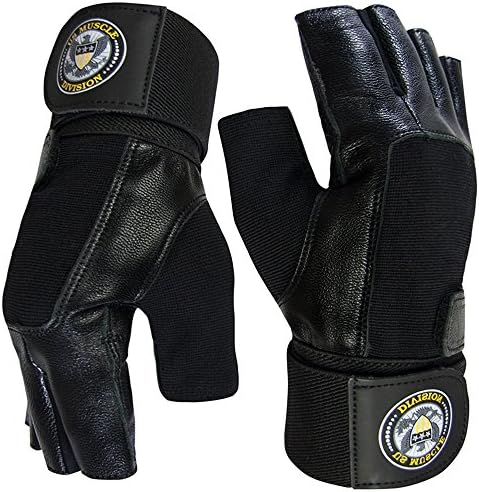 Weight Lifting Gloves - Soft Leather Gym Gloves With Wrist Support + Double Stitched Fingers And Palm - Breatheable Mesh Lycra On Back + Easy Open Finger Tab Size Adjuster