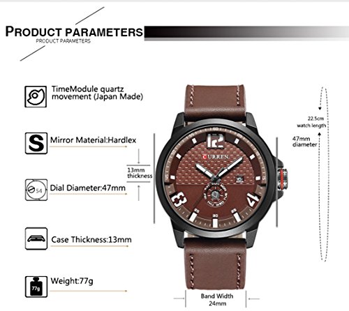 Reloj para hombre, relojes superior marca cuarzo cuero genuino marrón banda curren reloj black8253 - Imagen 3