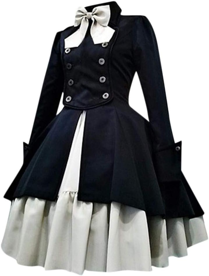 XUEJIN Women Lolita Gothic Dress Vintage Bow Ruffle Cross Embroidery Long Sleeve Renaissance Retro Princess Skirt