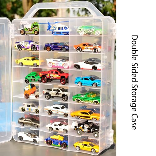 Portable Transparent Double Sided Storage Case - 48 Compartments for Toy Cars, Matchbox Cars, 1:64 Scale Model Cars, with Handle (Case Only)