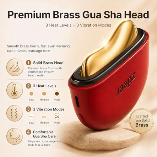 ZDEER GS5 Brass Heated Electric Gua Sha Facial Sculpting Tool with Vibration, Women's Facial Massager, LED Red Light Therapy for Neck & Face, Skin Firming Device, Premium Birthday Gift for Women, Red | Brass Heated Electric Gua Sha Facial Sculpting Tool with Vibration