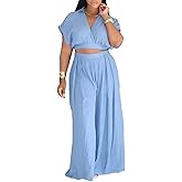 KEYUFANG Women's Summer 2 Piece Outfits Wrap V Neck Crop Top and Wide Leg Pants Sets Casual Vacation Outfits