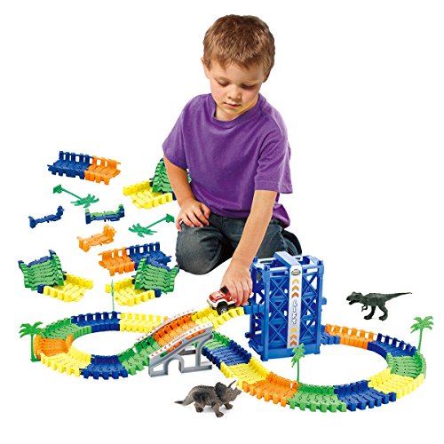 Belive Race Track Creat A Dinosaur World Race Car Falls Off Lift 120 Pieces Flexible Track With 4 Trees , 2 Dinosaur Toys