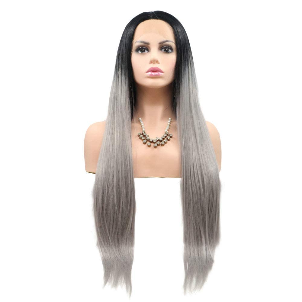 Drag Queen Wigs Grey Wig Long Straight Wig Heat Resistant Natural Looking Synthetic Lace Front Wigs For Women Ladies Wigs Hair 24"