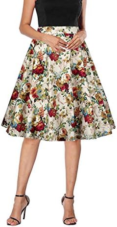Yanmei Women's 50s Vintage Floral Skirt High Waisted A Line Casual Midi Skirts