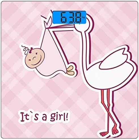 Precision Digital Body Weight Scale Square Kids Ultra Slim Tempered Glass Bathroom Scale Accurate Weight Measurements,Its a Girl Arrival Congratulations Cute Pink Stork Lovely Pattern Decorative