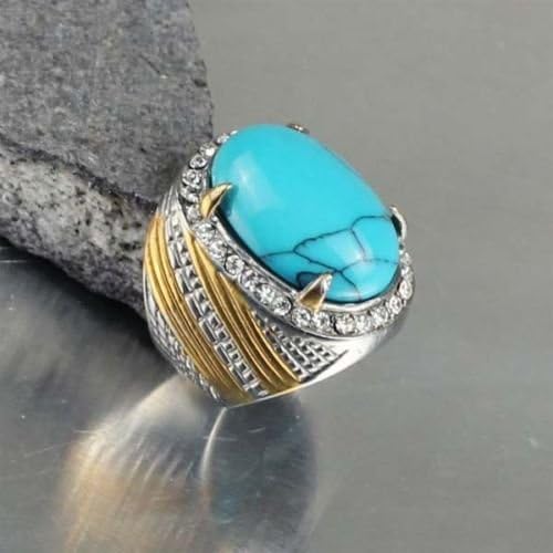 suchadaluckyshop Fashion Stainless Steel Blue Turquoise Crystal Women Men Gold Ring US Size 7-10 (10)