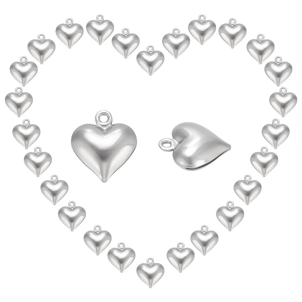 UNICRAFTALE 100pcs Puffy Heart Charm 13mm Long Tiny Love Pendant for Women Men Valentine’s Day Stainless Steel Heart Pendant Metal Charm 1.2mm Small Hole for DIY Jewelry Findings Making