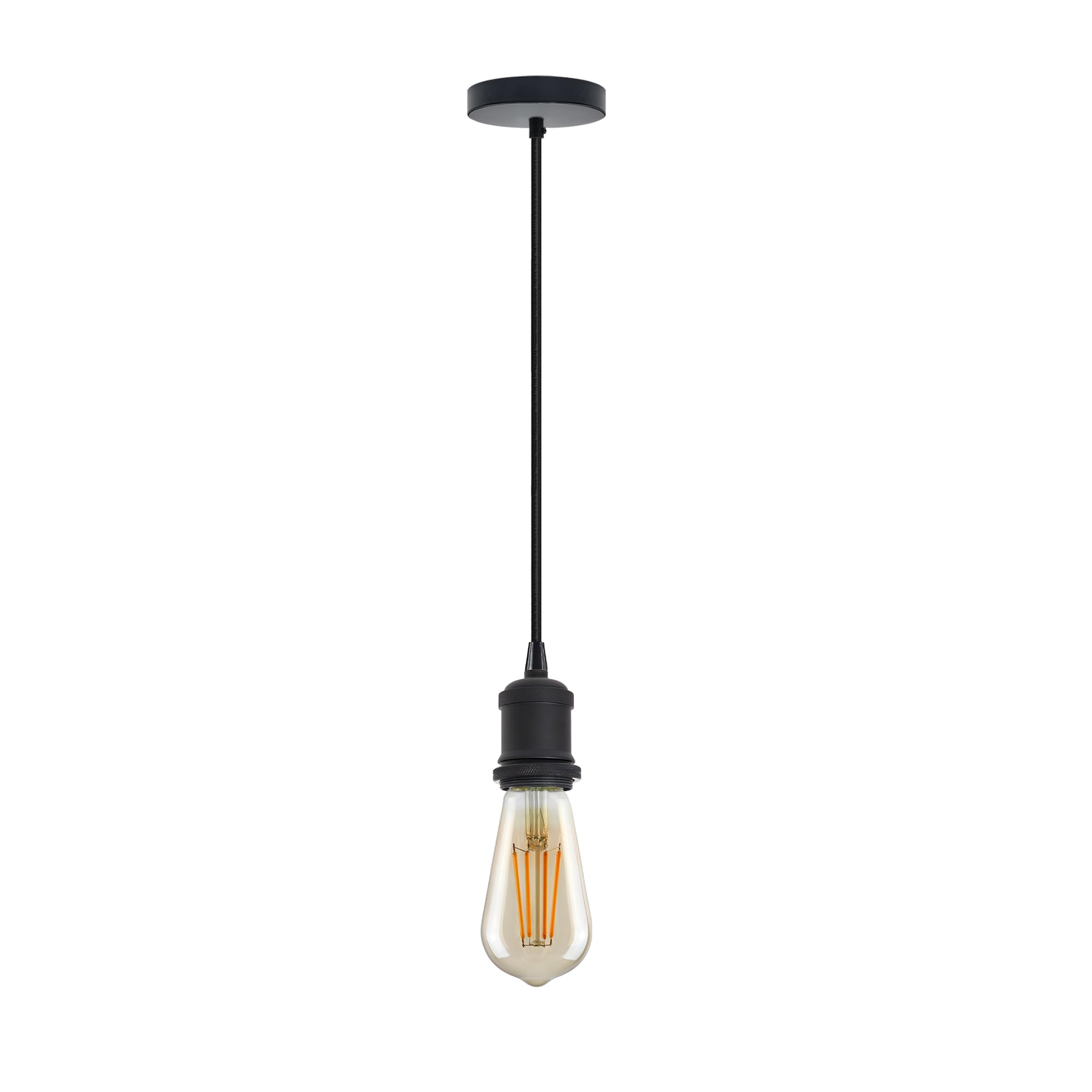 LEDSone Vintage Pendant Light Fitting Modern Retro Industrial Style E27 Lamp Black Holder, Black Round Braided Flex, 1m, Black Ceiling Rose