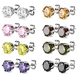 Charisma 4mm Stainless Steel Cubic Zirconia Crystal Round Stud Earrings Set 8 Pairs Assorted Color, Gift for Girls Women