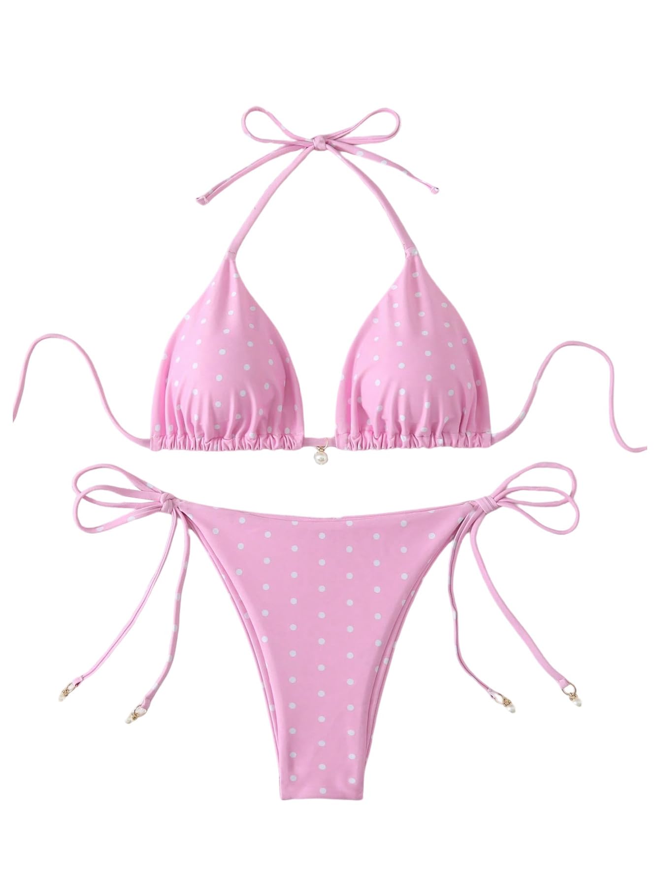 Photo 1 of SOLY HUX Women's Polka Dots Print Bathing Suit Halter Triangle Tie Side Bikini Sets Two Piece Swimsuit Pink Polka Dots Small