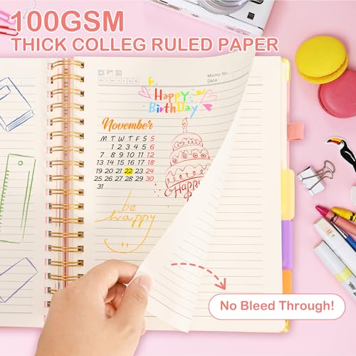 FREBLASO 5 Subject Notebook with Removable Dividers Tabs, 300 Pages Leather Hardcover Spiral Notebook College Ruled, 8"x10" Large B5 Notebooks for Work School, Lined Journal for Women, Pink