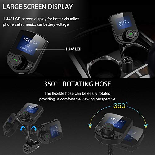 Bluetooth FM Transmitter for Car, Wireless FM Radio Transmitter Adapter Car Kit Dual USB Charging Port Car Charger with Hands Free Calls and 1.44" LCD Display Support Aux Input/Output TF Card USB Disk