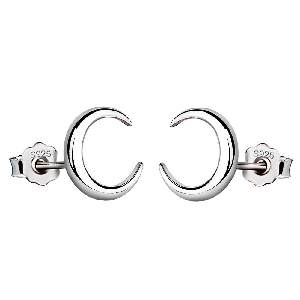 Yaneno 925 Sterling Silver Dainty Mini Crescent Moon High Polishing Halo Pretty Little Stud Earrings for Women's Gift (White)