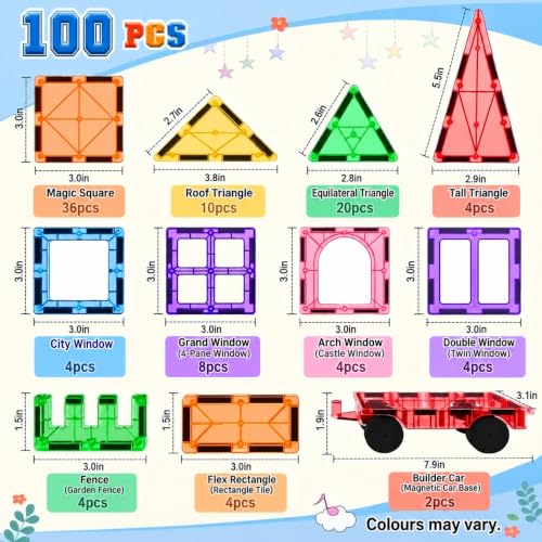 Large Magnetic Tiles for Kids (Ages 3-14), Toys Set Gift 100PCS with 2 Cars | Magnetic Blocks & Building Toys for Creative STEM Learning, Ideal Gift for Boys & Girls