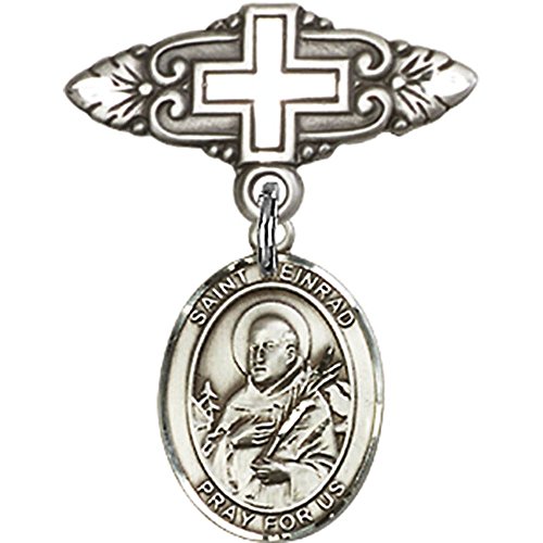Sterling Silver Baby Badge with St. Meinrad of Einsideln Charm and Badge Pin with Cross 1 X 3/4 inches