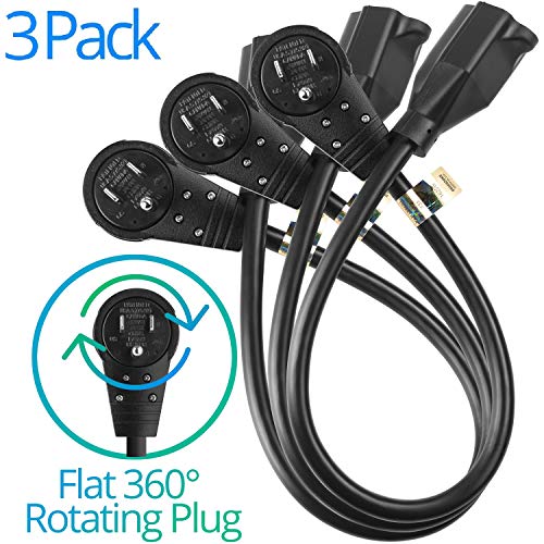 Maximm Cable 1 Foot 360&deg; Rotating Flat Plug Extension Cord/Wire, 3 Prong Grounded Wire 16 Awg Power Cord - 3 Pack - Black