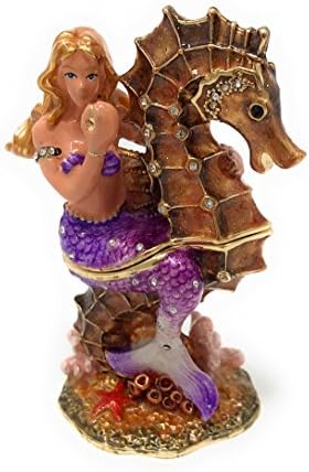 Enameled Mermaid on Seahorse Trinket Box by Kubla Craft, Accented with Austrian Crystals