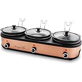 Megachef Triple 2.5 Quart Slow Cooker and Buffet Server in Brushed Copper and Black Finish with 3 Ceramic Cooking Pots and Re