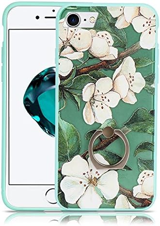 iPhone 7 Case Floral, Bernect Floral Flower 3D Relief Sculpture Ultra Thin TPU and Hard PC Hybrid Back Case Cover With 360 Rotating Finger Ring Grip/Stand Holder for iPhone 7-Green