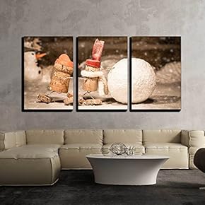 3 Piece Canvas Wall Art - Concept Snowball Rolling, Wine Cork Figures - Modern Home Art Stretched and Framed Ready to Hang - 16"x24"x3 Panels