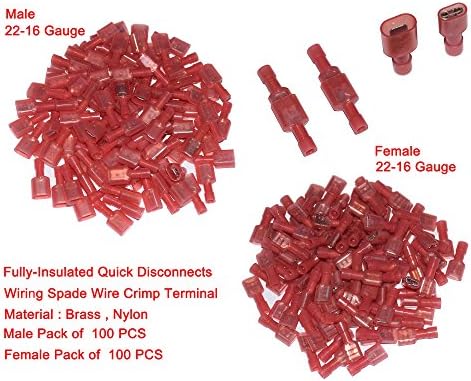 Cofufu 200 Pcs 22-16 Gauge Red Nylon Female and Male Fully-Insulated Quick Disconnects Wiring Spade Wire Crimp Terminal (Female 100Pcs, Male 100Pcs)