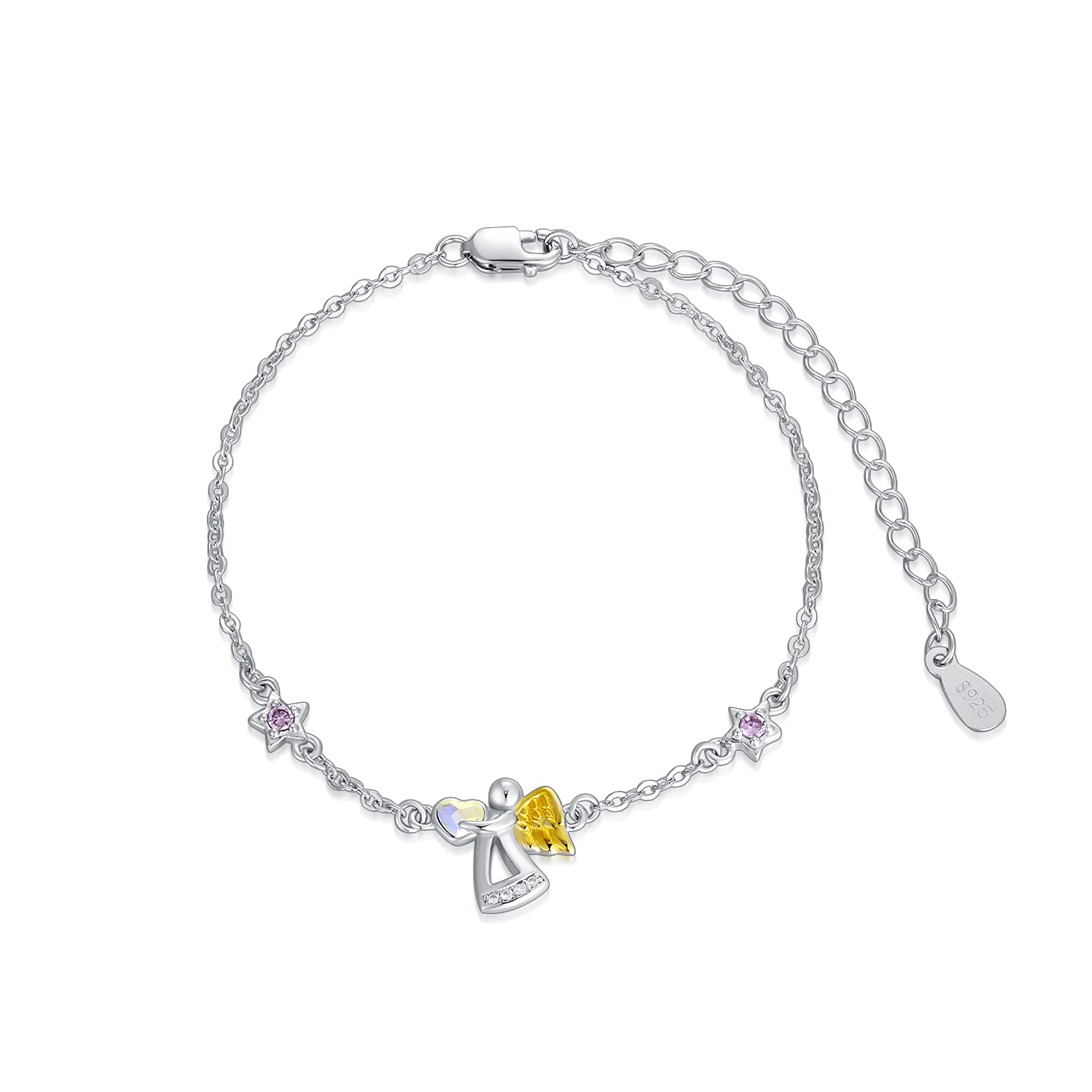AOBOCO Guardian Angel Bracelet Sterling Silver 925 Angel Bracelet, Baptism Communion Birthday Gifts for Girls Kids (White)