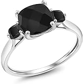 Gem Stone King 10K White Gold Black Onyx 3-Stone Engagement Ring | 1.73 Cttw | Cushion 7MM and 3MM | 3 Stone Wedding Anniversary Promise Ring For Women