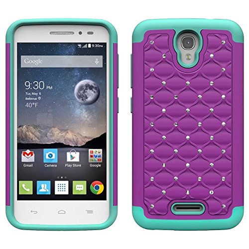 Microseven® Alcatel onetouch Pop Astro 5042T Case Cover, For Diamond Stud Bling Gem Jewel Rhinestone Hybrid Cell Phone Case Cover Accessory + 1 Touch Screen Stylus with Microseven Packaging (DM PURPLE TEAL)