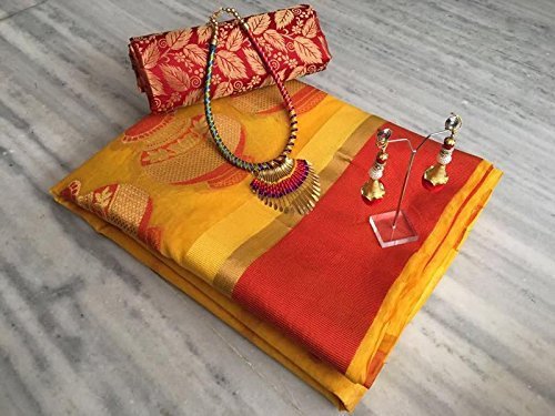 myspace women's cotton silk saree with blouse piece, pendant and necklace (65053, yellow)