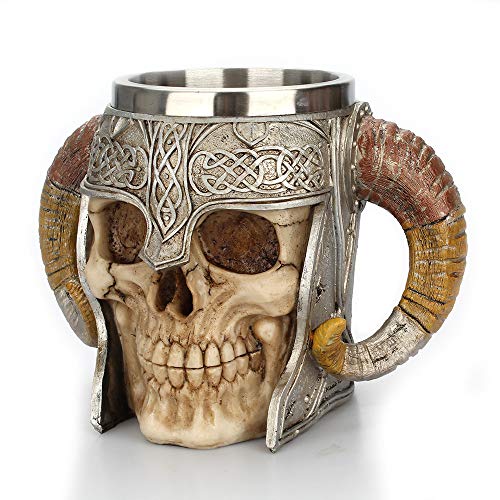 Resin Coffee Cup - Double Handle Horn Skull Beer Cup, Viking Warrior Skull Mug Tankard, Medieval Skull Drinkware Mug for Coffee/Beverage/Juice (Multicolor)