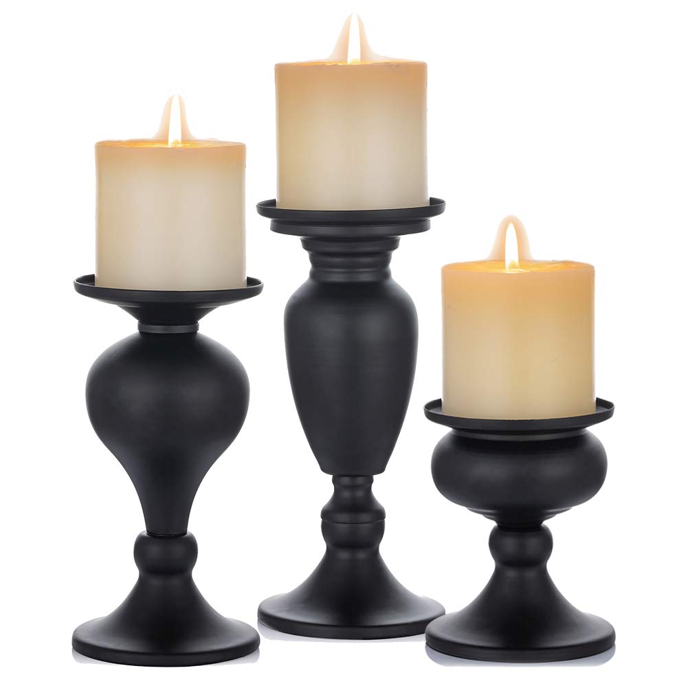Sziqiqi Set of 3 Metal Pillar Candle Holders, Candle Stand for Pillar candles, Black Candlesticks Centerpieces for Table Mantle Fireplace Decor, S+M+L