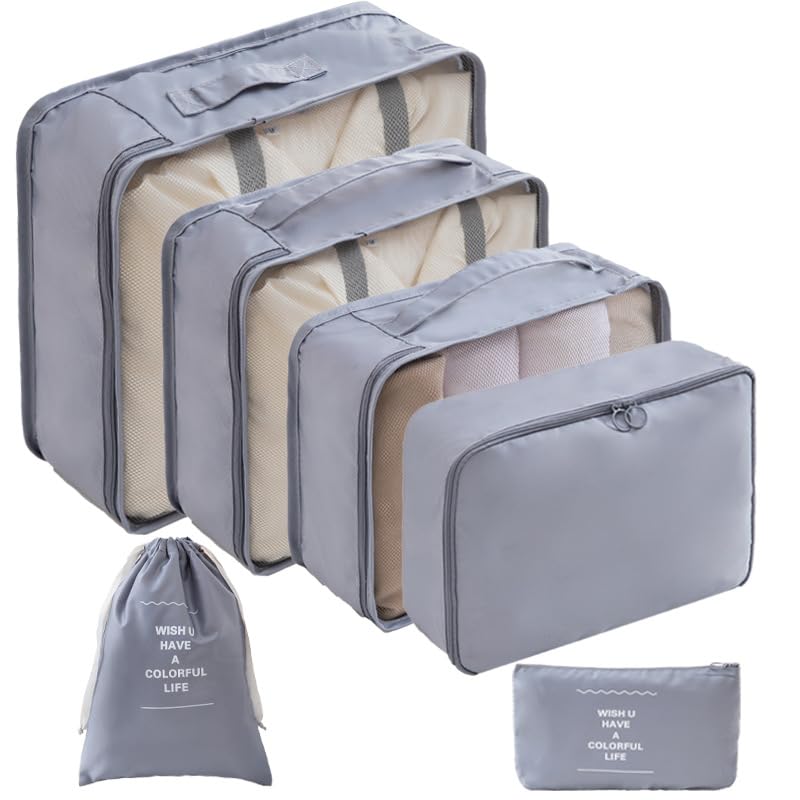 Photo 1 of LANSKLBD 6 Set Packing Cubes for Travel, Luggage Organizers with Shoe & Toiletry Bags, Lightweight Suitcase Organizer for Carry-On, Washable Laundry Bags(Grey)