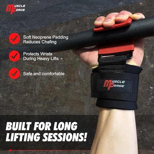 MuscleForge Weight Lifting Hooks for Men & Women, Heavy Duty Steel Grip Hooks with Neoprene Wrist Support, Up to 250kg, for Deadlifts, Pull Ups, Rows & Shrugs, Adjustable Universal Fit