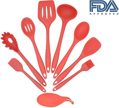 9-Piece Non-Stick Silicone Cooking Utensils Set by ULee, Heat-Resistant, BPA Free (9, Red)