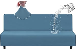 HDCAXKJ 100% Waterproof Futon Cover Full Size Washable Stretch Futon Couch Cover Armless Futon Slipcovers Twin Futon Mattress Cover Protector Futon Bed Slip Covers No Arms (Denim Blue, Large)