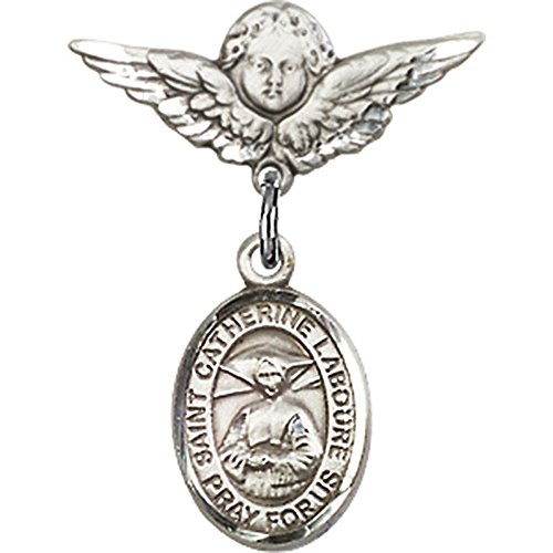 Sterling Silver Baby Badge with St. Catherine Laboure Charm and Angel w/Wings Badge Pin 7/8 X 3/4 inches