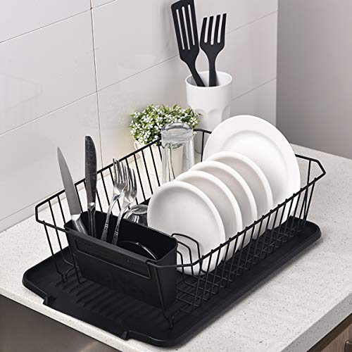 ENGELCH Matte Black Rust-Proof Kitchen Draining Dish Drying Rack, Dish Rack With Black Drain Board, 1 Wide Tableware Rack and Knife Holder Accessory