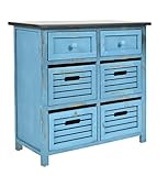 Cómoda shabby con 6 cajones color azul con superficie negra de estilo rústico para baño