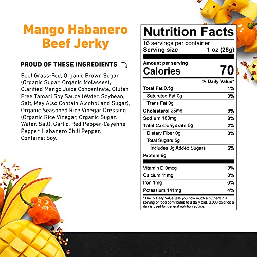 Mango Habanero Beef Jerky by Country Archer, 100 GrassFed, Gluten Free, Keto Snack, 16 Ounce