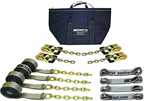 AW Direct TP419G 8-Point Trailer / Flatbed Tie Down Kit, 14'L Straps with Chain Ends, for Car Carriers that have T-Slots - Gray Straps with Reflective Striping, GRADUAL-RELEASE Ratchets