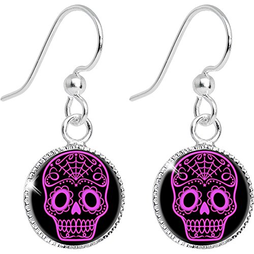 Body Candy Stainless Steel Black Pink Sugar Skull Art Circle Dangle Earrings
