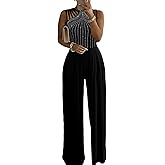 CHICME Women's One Piece Jumpsuit Rhinestone Cutout Ruched Wide Leg Jumpsuit Overall Long Pants