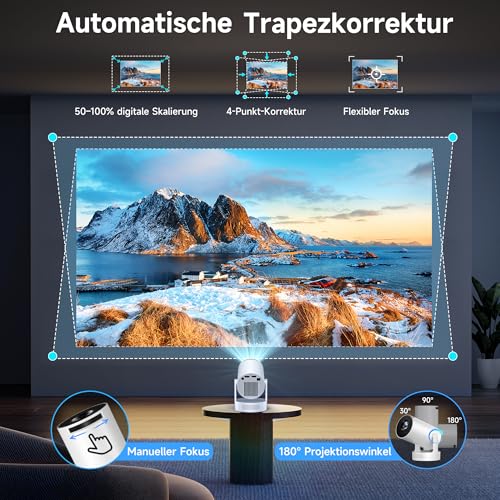 Mini Projector, Philoent Smart Projector 4K/1080P Supports Latest Apps WiFi 6 Bluetooth 5.4 Car Screen Keystone Correction Low Noise, Ultra Short Distance Projector Provides Large Image in Small